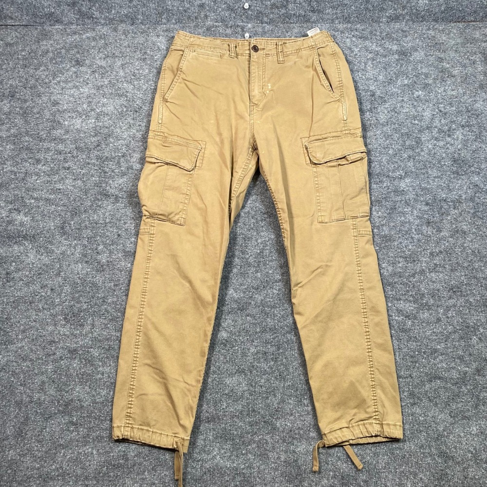 American Eagle Mens Khaki Cargo Pants 34x32 Straight Leg Ankle Tie Tan Utility